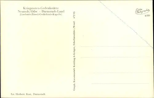 Ak Neutsch im Odenwald Modautal, Liselotte Zinsel Gedächtniskapelle