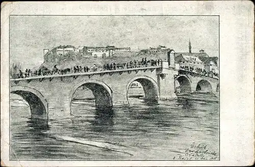 Künstler Ak Reich, A., Skopje Üsküb Mazedonien, Vardarbrücke