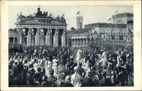 Künstler Ak Camphausen, Berlin Mitte, Einzug der Truppen, Brandenburger Tor, Rotes Kreuz