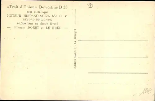 Ak Avion de record, Trait d'Union, Dewoitine D 33, Propellermaschine