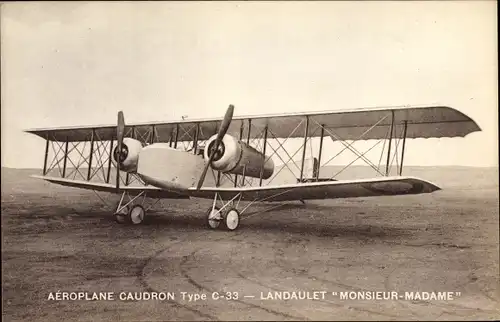 Ak Doppeldecker, Aéroplane Caudron Type C 33, Landaulet Monsieur-Madame