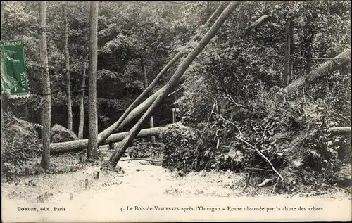 Ak Vincennes Val de Marne, Apres l'Ouragan, Route obstruee par la chute des arbres