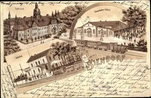 Litho Biendorf Bernburg an der Saale, Bahnhof, Gleisseite, Eisenbahnhotel, Schloss