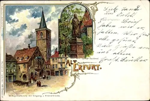 Litho Erfurt in Thüringen, Lutherdenkmal, St. Aegidienkirche, Eingang zur Krämerbrücke