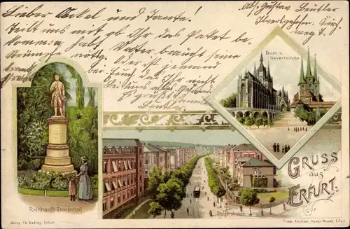 Litho Erfurt in Thüringen, Reichardt Denkmal, Dom und Severikirche, Steigerstraße