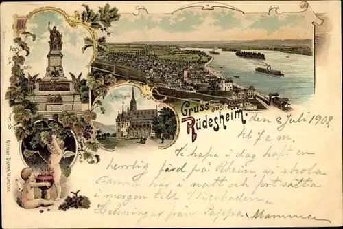 Litho Rüdesheim am Rhein, Totalansicht, Denkmal, Rochuskapelle