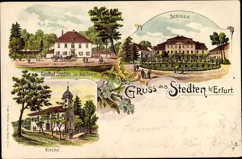 Litho Bischleben Stedten Erfurt in Thüringen, Gasthof v. Karl Damm, Schloss, Kirche