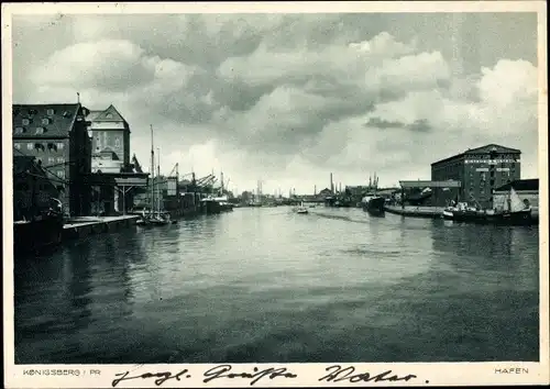 Ak Kaliningrad Königsberg Ostpreußen, Hafen, Lagerhäuser, Kräne