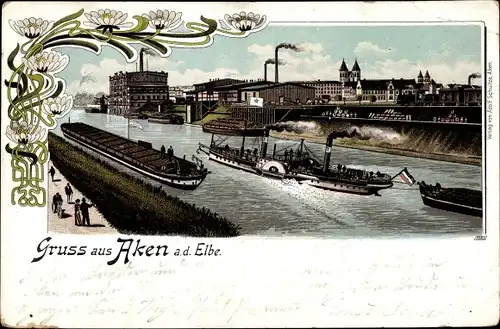 Litho Aken an der Elbe Sachsen Anhalt, Flusspartie mit Blick auf die Stadt, Dampfer, Lastkähne