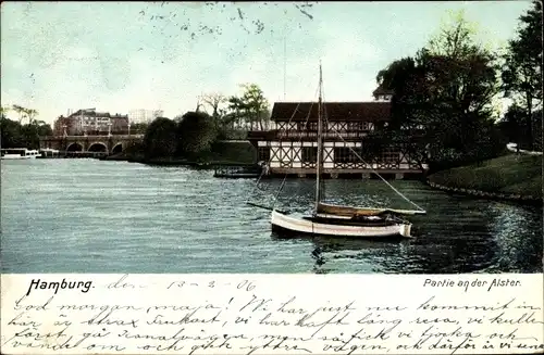 Ak Hamburg, Partie an der Alster, Segelboot, Brücke