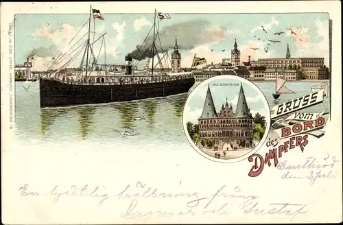 Litho Lübeck in Schleswig Holstein, Gruß von Bord des Dampfers, Holstentor