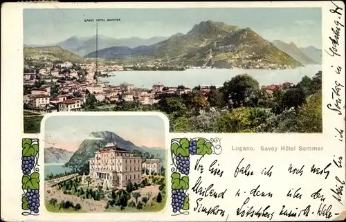 Ak Lugano Paradiso Kt. Tessin Schweiz, Savoy Hotel Sommer, Panorama mit Umgebung