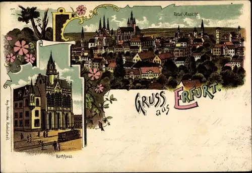 Litho Erfurt in Thüringen, Rathaus, Stadtpanorama mit Dom und Severikirche