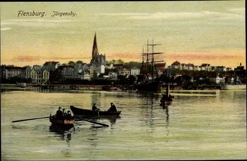 Ak Flensburg in Schleswig Holstein, Jürgensby, Segelschiff, Kirche, Ruderboote