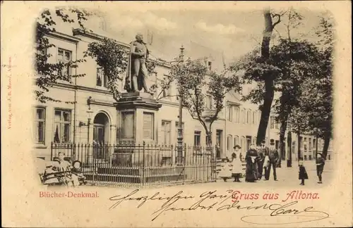 Ak Hamburg Altona, Blücher Denkmal, Standbild, Passanten