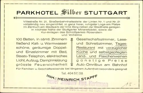 Ak Stuttgart in Baden Württemberg, Parkhotel Silber, Inh. Heinrich Stapff