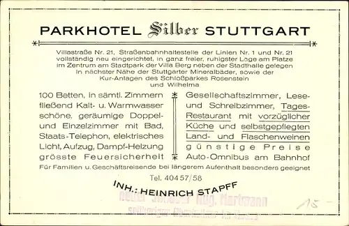 Ak Stuttgart in Baden Württemberg, Parkhotel Silber, Inh. Heinrich Stapff
