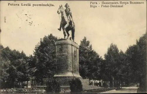 Ak Riga Lettland, Denkmal Peter der Große, Reiterstandbild, Park