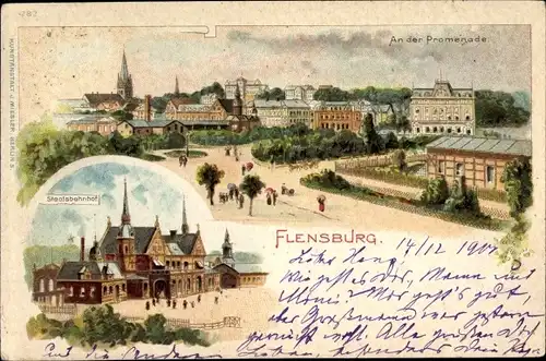 Litho Flensburg in Schleswig Holstein, Promenade, Staatsbahnhof