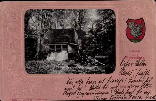 Präge Passepartout Ak Ahrensburg in Schleswig Holstein, Wasserfall, Wappen