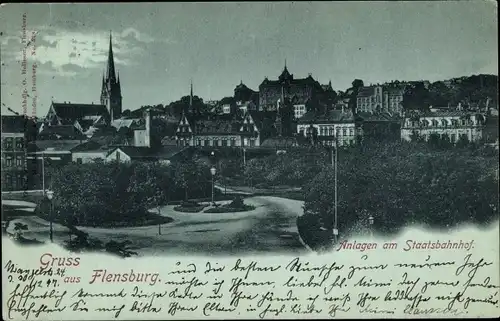 Mondschein Ak Flensburg in Schleswig Holstein, Anlagen am Staatsbahnhof