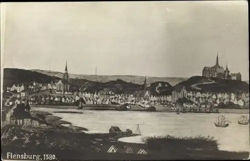 Künstler Ak Flensburg in Schleswig Holstein, Historisches Bild der Stadt im Jahre 1580