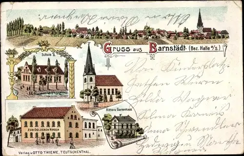 Litho Barnstedt Barnstädt Kreis Querfurt, Zum Goldenen Hirsch, Ritters Gartenhaus, Kirche, Schule