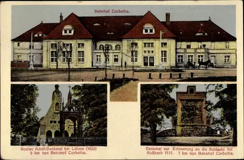 Ak Corbetha Korbetha Schkopau im Saalekreis, Bahnhof, Gustav Adolf Denkmal bei Lützen