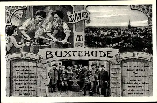 Ak Buxtehude in Niedersachsen, Schmied, Blick auf den Ort