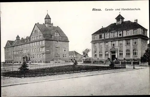 Ak Riesa an der Elbe Sachsen, Carola und Handelsschule