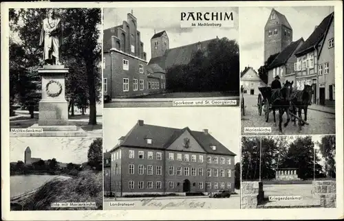 Ak Parchim in Mecklenburg, Moltkedenkmal, Elde mit Marienkirche, Landratsamt, Kriegerdenkmal