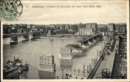 Ak Asnières Hauts-de-Seine, Travaux de demolition du vieux Pont, 1906