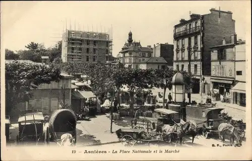 Ak Asnières Hauts-de-Seine, La Place Nationale et le Marche