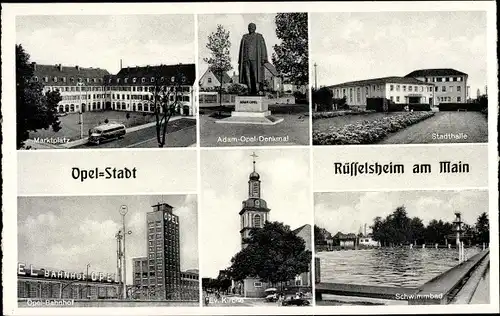 Ak Rüsselsheim in Hessen, Marktplatz, Adam Opel Denkmal, Stadthalle, Bahnhof, Ev. Kirche, Schwimmbad