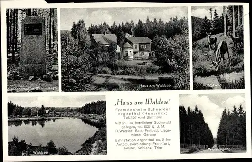 Ak Argenthal im Hunsrück, Haus am Waldsee, Fremdenheim Schneider,  Rotwild,  Denkmal