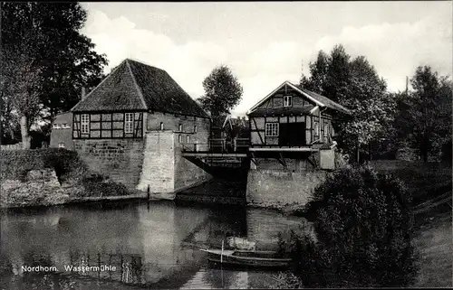 Ak Nordhorn, Blick auf die Wassermühle, Boot, Brücke