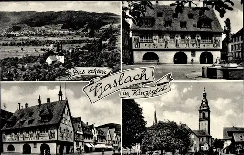 Ak Haslach im Kinzigtal Schwarzwald, Kirche, Panorama, Brunnen, Marktplatz