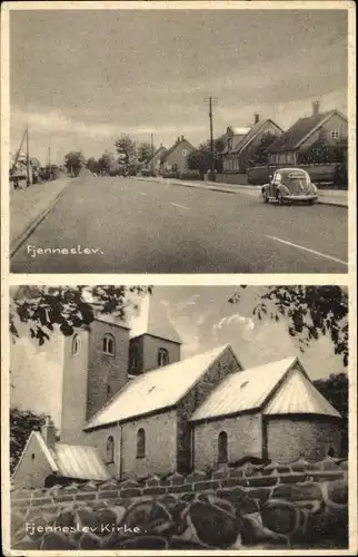 Ak Fjenneslev Dänemark, Straßenpartie, Kirche