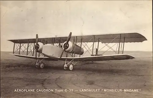 Ak Französisches Militärflugzeug, Aéroplane Caudron Type C 33, Landaulet Monsieur-Madame