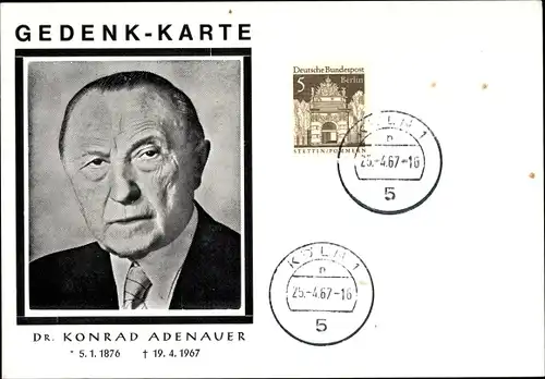 Ak Gedenkkarte Konrad Adenauer, Von 1949 bis 1963 erster Bundeskanzler der BRD, Portrait