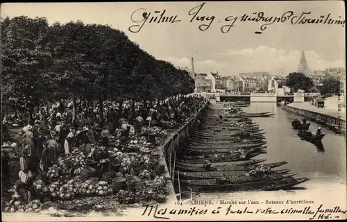 Ak Amiens Somme, Marche sur l'eau, Bateaux d'hortillons