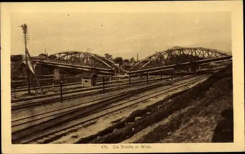 Ak Vilnius Wilna Litauen, Zerstörte Eisenbahnbrücke, I WK