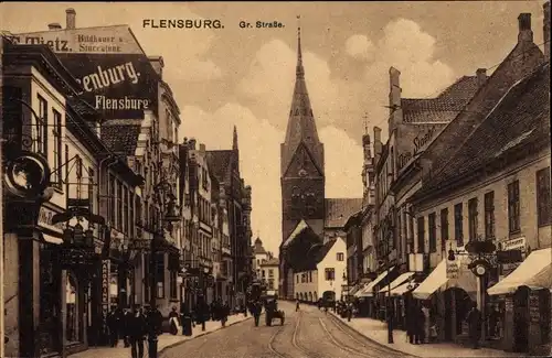 Ak Flensburg in Schleswig Holstein, Große Straße, Kirche, Geschäfte