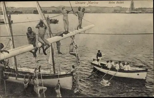 Ak Kaiserliche Marine, Seeleute beim Baden, Ruderboot, Strickleiter