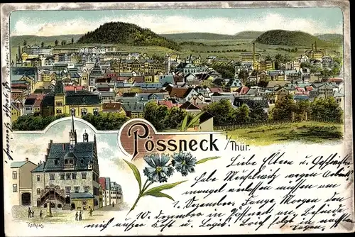 Litho Pößneck in Thüringen, Blick auf den Ort, Rathaus