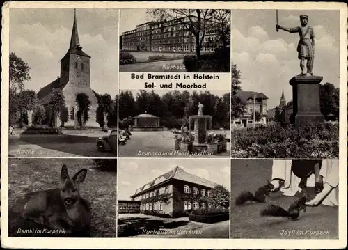 Ak Bad Bramstedt Schleswig Holstein, Kurhaus, Kirche, Bambi im Kurpark, Eichhörnchen, Roland