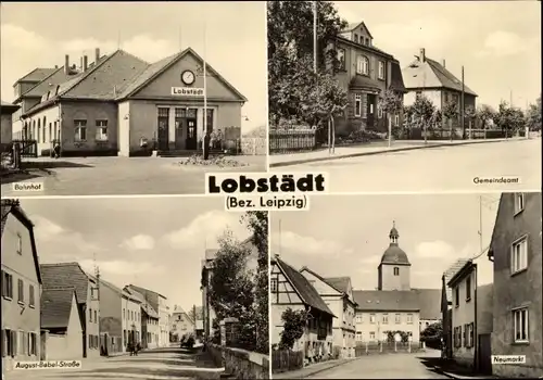 Ak Lobstädt Neukieritzsch in Sachsen, Bahnhof, Gemeindeamt, August Bebel Straße, Neumarkt