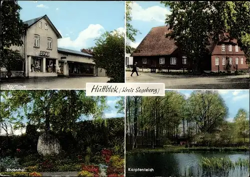 Ak Hüttblek in Schleswig Holstein, Kaufhaus, Ehrenmal, Karpfenteich