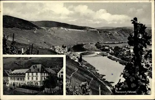 Ak Piesport an der Mosel, Gasthaus zur schönen Aussicht, Gesamtansicht des Ortes