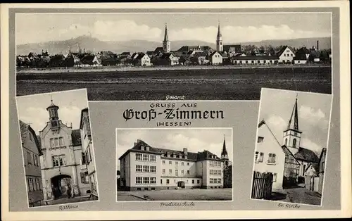 Ak Groß Zimmern Hessen, Friedensschule, Rathaus, Ev. Kirche, Panorama
